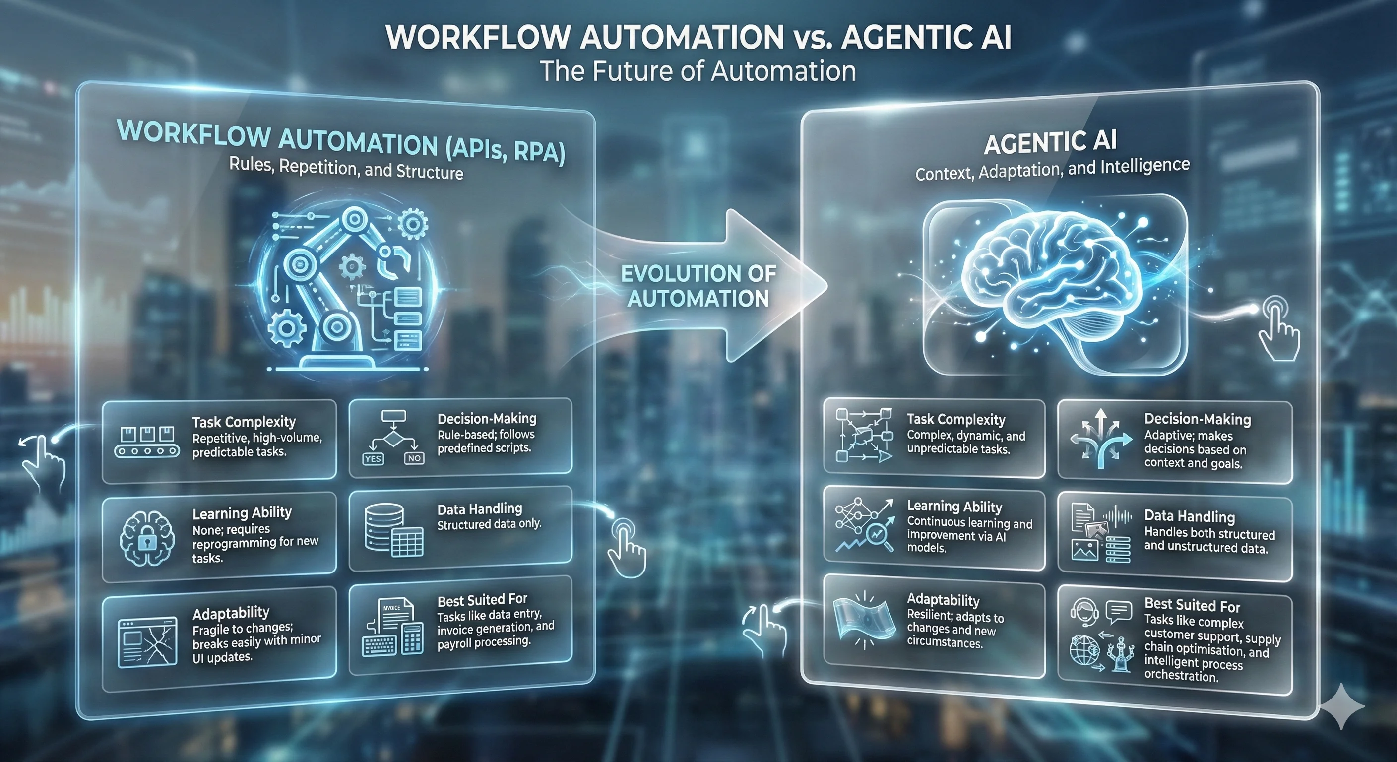 Matrix diagram comparing workflow automation approaches versus AI approaches for different types of operational tasks, illustrating the trade-offs between deterministic and probabilistic solutions